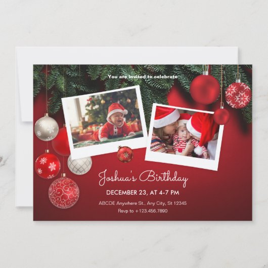 赤いクリスマスの誕生日フォトコラージュの誕生日 招待状 (正面)