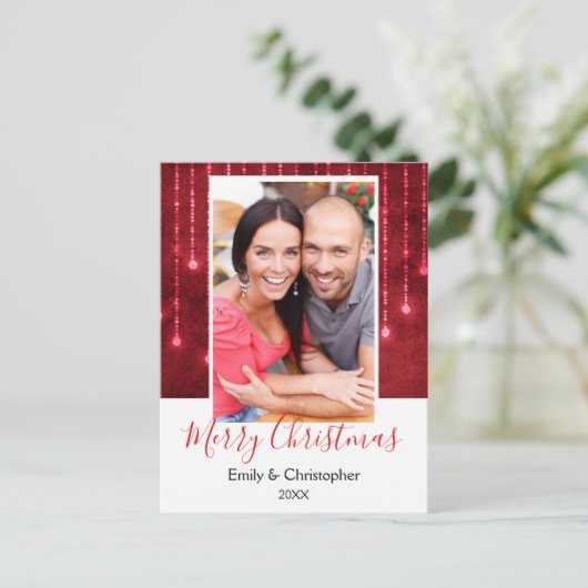 赤いクリスマスの輝く文字列のライト写真 シーズンポストカード (スタンド正面)