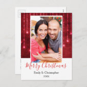 赤いクリスマスの輝く文字列のライト写真 シーズンポストカード (正面/裏面)