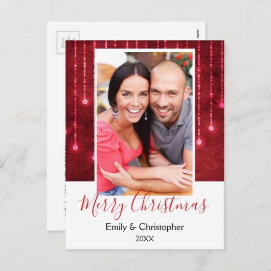 赤いクリスマスの輝く文字列のライト写真 シーズンポストカード (正面/裏面)