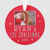 赤いクリスマスの雪の結晶 赤ちゃんの1歳のクリスマス 写真入り オーナメント (正面)