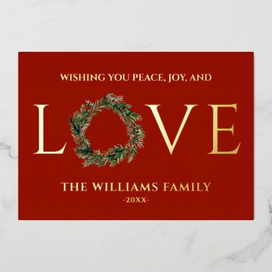 赤いクリスマスを愛し喜びと平和を祈る 箔シーズンカード (正面)