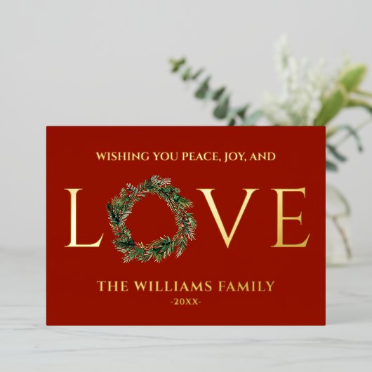 赤いクリスマスを愛し喜びと平和を祈る 箔シーズンカード (立ち正面)