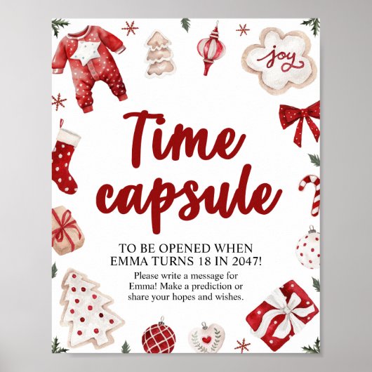 赤いクリスマスウィンタータイムカプセル赤ちゃんシャワーのサイン ポスター (正面)