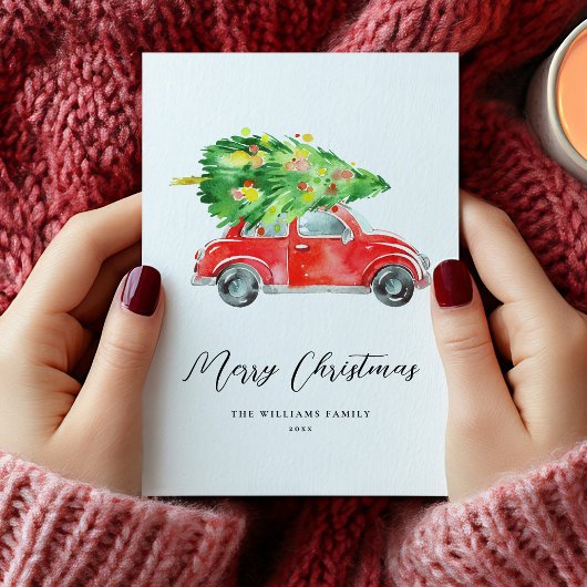 赤いクリスマスカーのホリデーカード シーズンカード