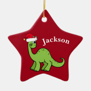赤いクリスマスキッズ恐竜サンタスターカスタム セラミックオーナメント