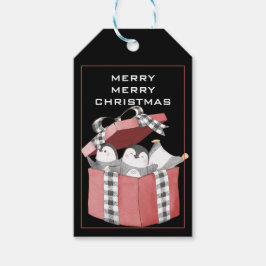 赤いクリスマスギフトボックスに入ったかわいいペンギン ギフトタグ