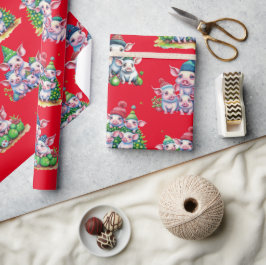 赤いクリスマスギフトラップに愛らしい豚 ラッピングペーパー