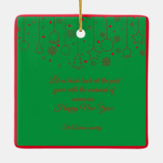 赤いクリスマスグリーンの写真の願い セラミックオーナメント (裏面)