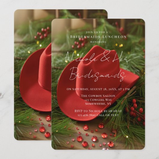 赤いクリスマスコウボーイハット付きのブライズメイドの昼食会 招待状 (正面/裏面)