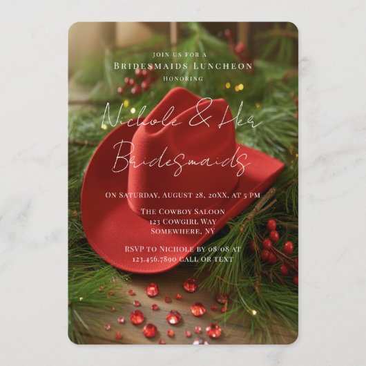 赤いクリスマスコウボーイハット付きのブライズメイドの昼食会 招待状 (正面)