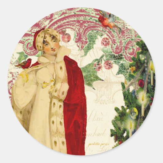 赤いクリスマスコートの封筒またはギフトステッカー ラウンドシール (正面)