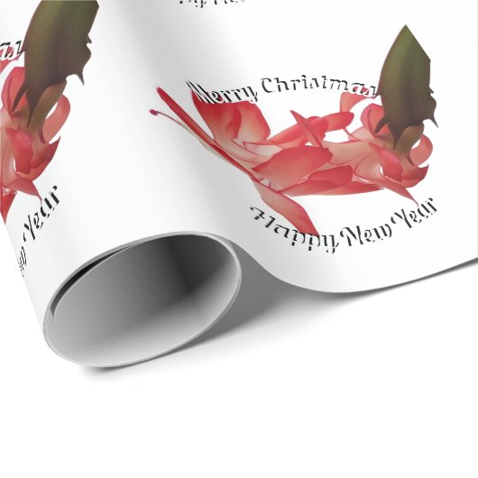 赤いクリスマスサボテンのフローラ写真とグリーティング ラッピングペーパー (ロールコーナー)