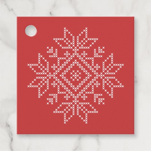赤いクリスマスジョイの刺繍のスノーフレーク フェイバータグ (正面)