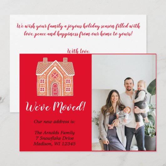 赤いクリスマスジンジャーブレッドホームフォトムービング シーズンカード (正面/裏面)
