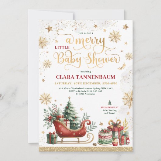 赤いクリスマスススそりゃ |小さなメリー赤ちゃんシャワー 招待状 (正面)