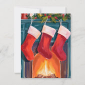 赤いクリスマスストッキングと暖炉の水彩画 シーズンカード (正面)