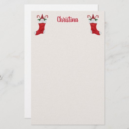 赤いクリスマスストッキングと格言キャンディカン 便箋 (正面/裏面)