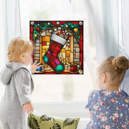 赤いクリスマスストッキングフェイクステンドグラス ウィンドウサイン