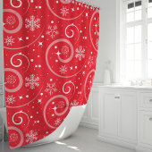 赤いクリスマススノーフレークと渦巻き シャワーカーテン