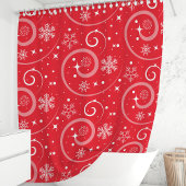 赤いクリスマススノーフレークと渦巻き シャワーカーテン