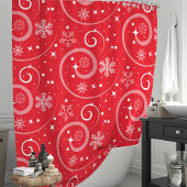 赤いクリスマススノーフレークと渦巻き シャワーカーテン