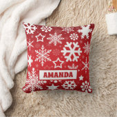 赤いクリスマススノーフレークのパターンの子供の名前 クッション (ブランケット)