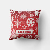 赤いクリスマススノーフレークのパターンの子供の名前 クッション (裏面)