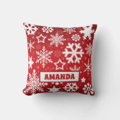 赤いクリスマススノーフレークのパターンの子供の名前 クッション (正面)