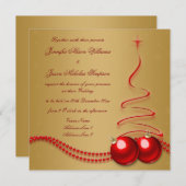 赤いクリスマスツリーとの結婚式招待状の金ゴールド 招待状 (正面/裏面)