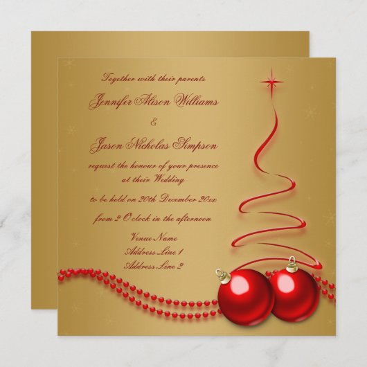 赤いクリスマスツリーとの結婚式招待状の金ゴールド 招待状 (正面/裏面)