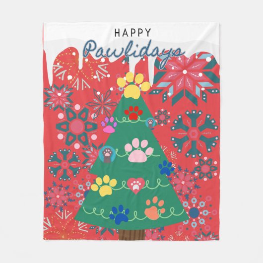 赤いクリスマスツリーと前足のオーナメント フリースブランケット (正面)