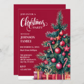赤いクリスマスツリーと贈り物の水色 招待状 (正面/裏面)