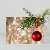 赤いクリスマスツリーのオーナメント ローズゴールド 箔招待状 (立ち正面)