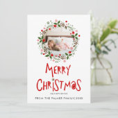 赤いクリスマスツリーのタイポグラフィーとリースの写真 シーズンカード (スタンド正面)