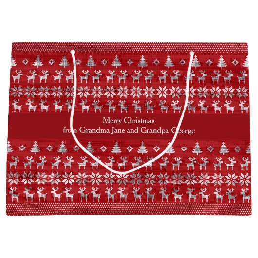 赤いクリスマスツリーのトナカイ レトロなホリデーギフト ラージペーパーバッグ (正面)