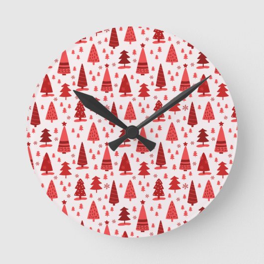 赤いクリスマスツリーの森かわいいパターン ラウンド壁時計 (正面)