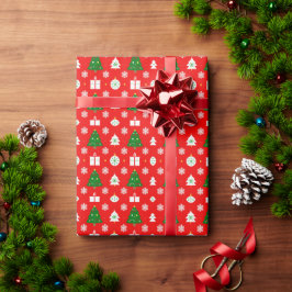🎄 赤いクリスマスツリーの雪の結晶の華やかなホリデー ラッピングペーパー
