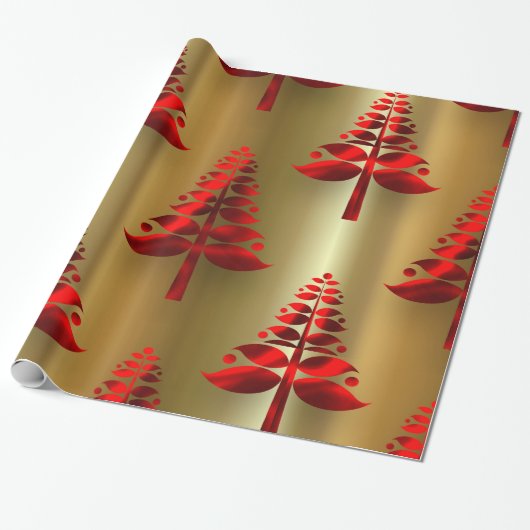 赤いクリスマスツリーオン金ゴールド ラッピングペーパー (アンロールド)