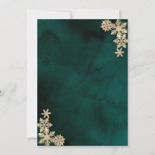 赤いクリスマスツリー、金ゴールドの雪の結晶クリスマスパーティー 招待状 (裏面)