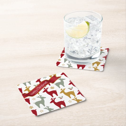 赤いクリスマストナカイのパターン#12 ID1009 スクエアペーパーコースター (インサイチュ)