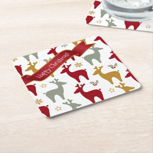 赤いクリスマストナカイのパターン#12 ID1009 スクエアペーパーコースター (アングル)