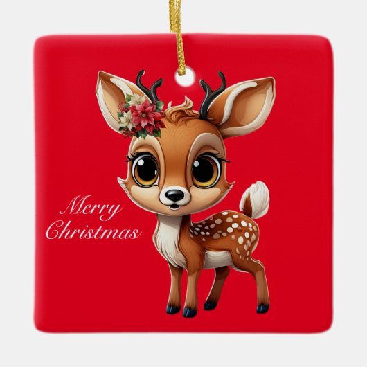 赤いクリスマストナカイ,ポインセチアのクリスマスディアー🦌🎄 セラミックオーナメント (正面)