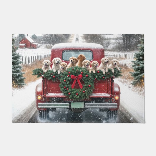 赤いクリスマストラックのゴールデンレトリバー子犬 ドアマット (正面)