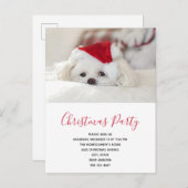赤いクリスマスハットの可愛い白犬パーティー インビテーションポストカード (正面/裏面)