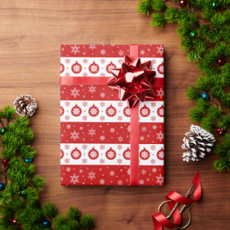 赤いクリスマスバブルと雪片パターン ラッピングペーパー