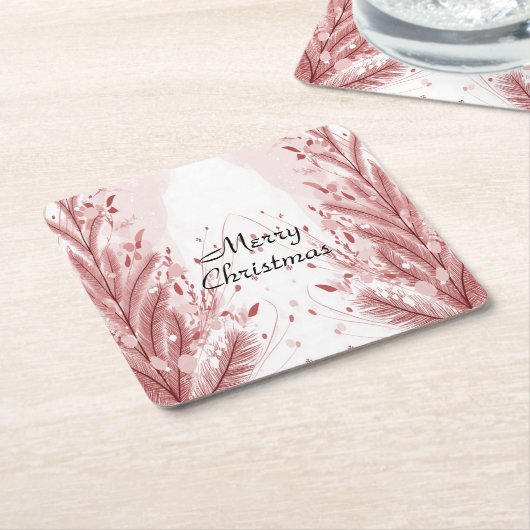 赤いクリスマスパインの木の雪の装飾美しい スクエアペーパーコースター (アングル)