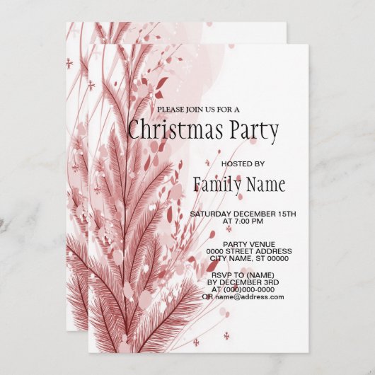 赤いクリスマスパインの木の雪の装飾美しい 招待状 (正面/裏面)