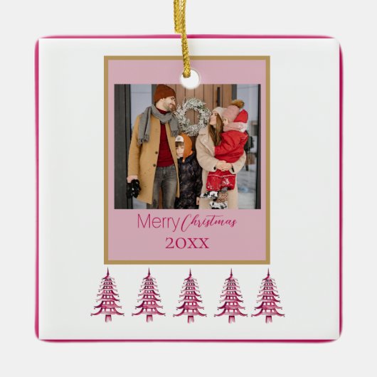 赤いクリスマスパゴダの木1フォトフレーム セラミックオーナメント (正面)