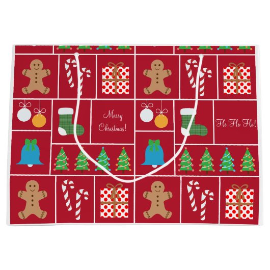 赤いクリスマスパターン大きいギフトバッグ ラージペーパーバッグ (正面)